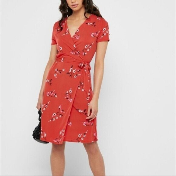 Mango MNG Orange Red Floral Wrap Dress, 6 - Picture 1 of 8